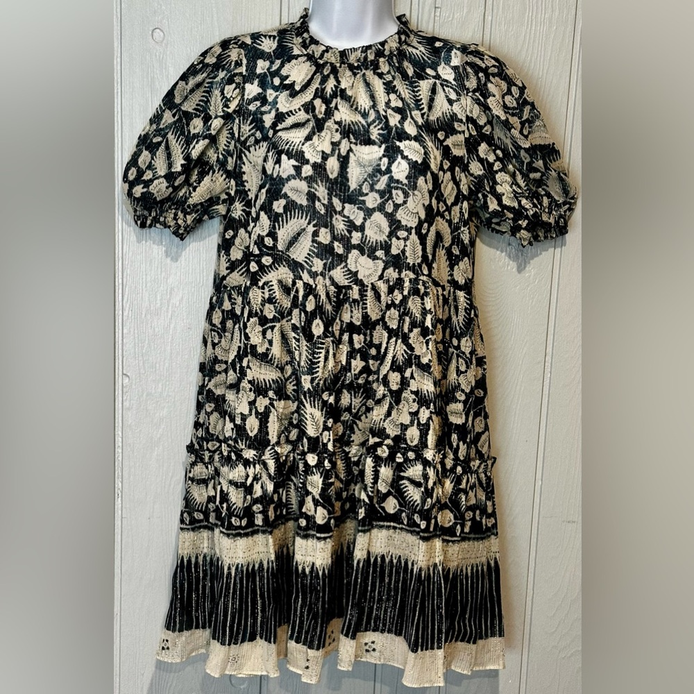 Ulla Johnson Shimmery Navy and Cream Floral Midi Dress